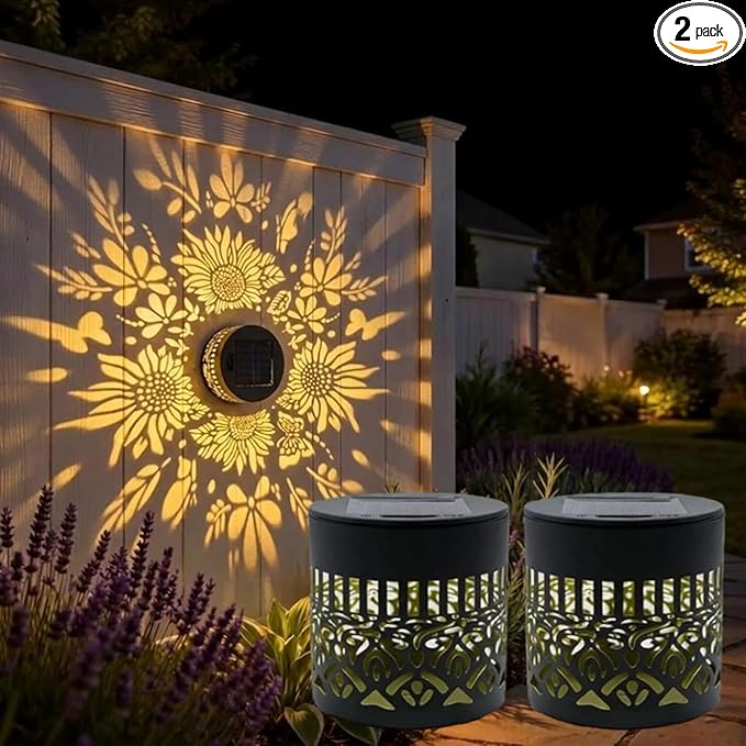 Solar Outdoor Fence Lights Decoration 2 Pack, Solar Wall Step Deck Lights Outdoor Garden Decor with Hummingbird Sunflower Theme for Yard Art Porch Patio Backyard Decor, Gifts for Mom Women