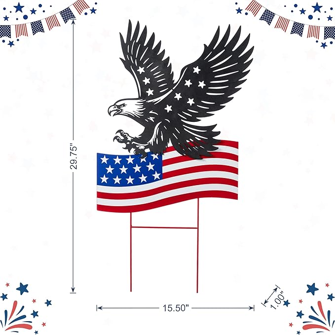 Glitzhome 29.75"H Patriotic Americana Metal Eagle Silhouette & Flag Yard Signs,Patriotic Decorative Garden Stakes for 4th of July Decorations Outdoor,Memorial Day Yard Signs for Lawn Porch Decor