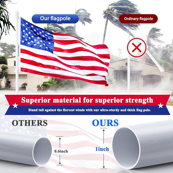 PHITRIC Flag Pole, Tangle Free Spinning Stainless Steel Rustproof Flagpole for 3x5 Sports Fan Outdoor Flags for Outside House (White, 5FT, Without Bracket)