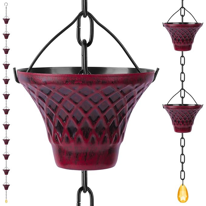 Retro Red Cup Rain Chain, 103.9" Metal Rain Catcher Chain for Gutters, Decorative Outdoor Rain Chain with Distressed Finish, Garden Downspout Diverter Replacement Gift