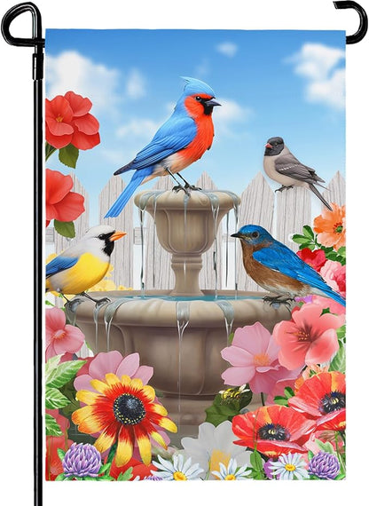 Summer Birdbath Gathering Garden Flag Birds Floral Yard Flag Double Side Polyester Colorful Flowers Garden Flags 12x18 Inch for Outdoor House Banner Decoration