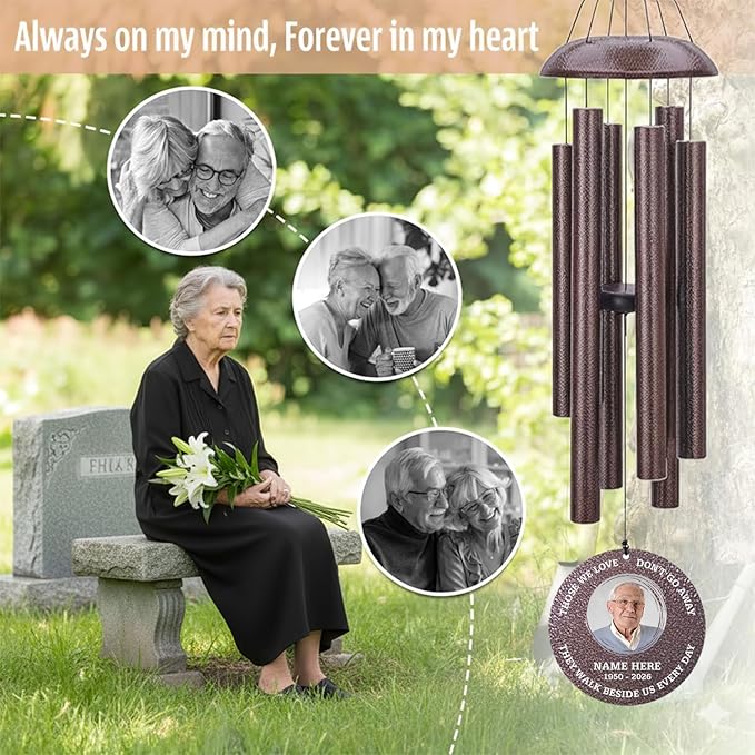 Personalized Memorial Wind Chimes for Outside, Custom Photo with Name & Date, in Loving Memory, Sympathy Gifts, Keepsake Loss of Beloved One, Gifts for Funeral (Produced in USA)