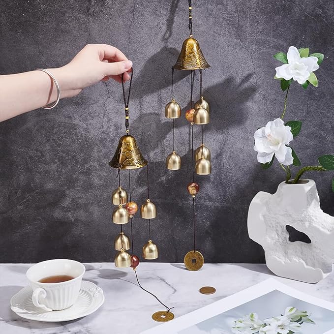 UNICRAFTALE 2Pcs Lucky Feng Shui Wind Chimes with Multiple Metal Bells Vintage Chinese Blessing Hanging Decor for Good Luck Wealth Home Garden Patio Hanging Decoration Gift 52.5cm Long