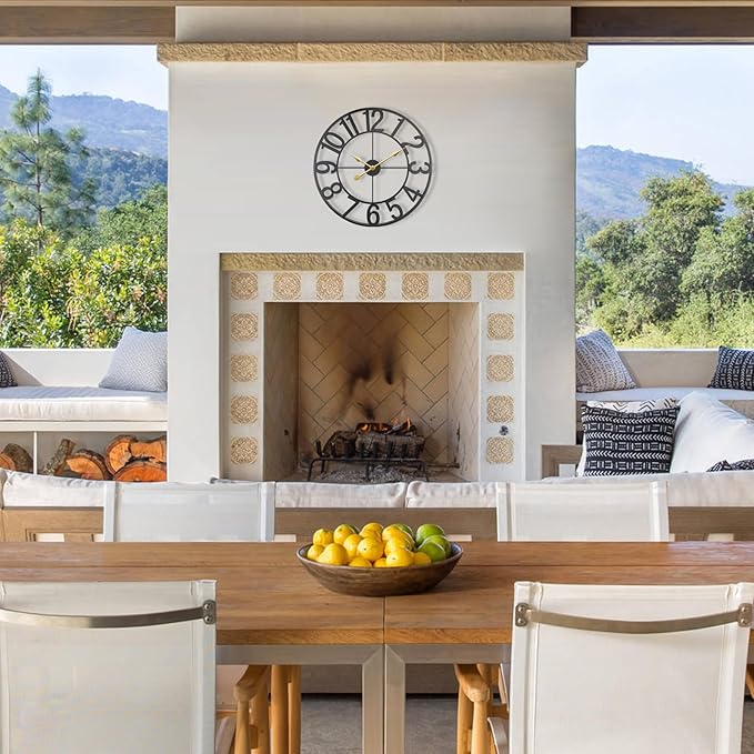 Large Outdoor Clock, Silent Non-Ticking Battery Operated Outdoor Wall Clock, Black Modern Metal Wall Clock for Patio, Porch, Pool Area, Kitchen, Bedroom, Living Room, Farmhouse Decor - 20 Inch