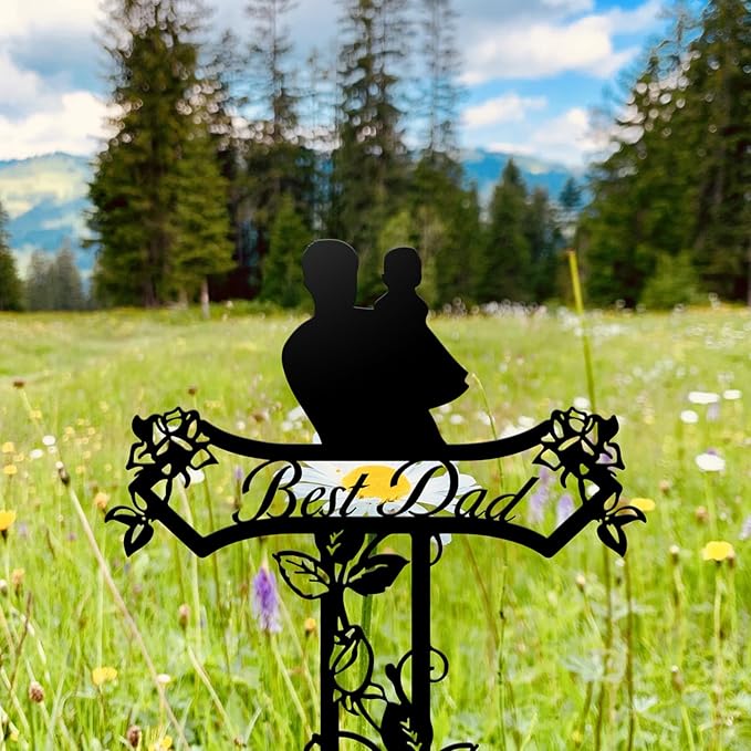 Rustic Metal Cross Memorial Stake, Mom Dad Grave Site Decorations Artificial Flowers for Cemetery, Ideal for Yard, Garden, Lawn & Tombstone, Cemetery Decorations for Grave (Dad)