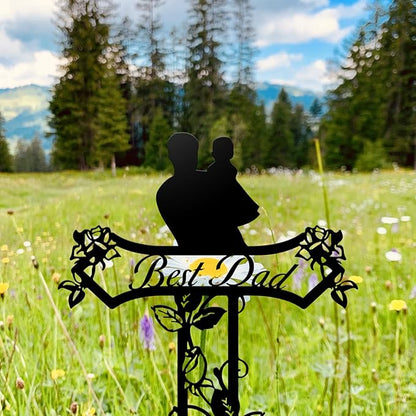 Rustic Metal Cross Memorial Stake, Mom Dad Grave Site Decorations Artificial Flowers for Cemetery, Ideal for Yard, Garden, Lawn & Tombstone, Cemetery Decorations for Grave (Dad)