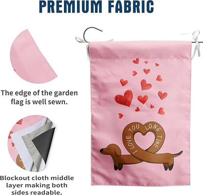 Dachshund Valentine House Flag Weiner Dog Valentines Day Garden Decorative for Outside 28 x 40 Double Sided I Love You Long Time Holiday Anniversary Yard Banner