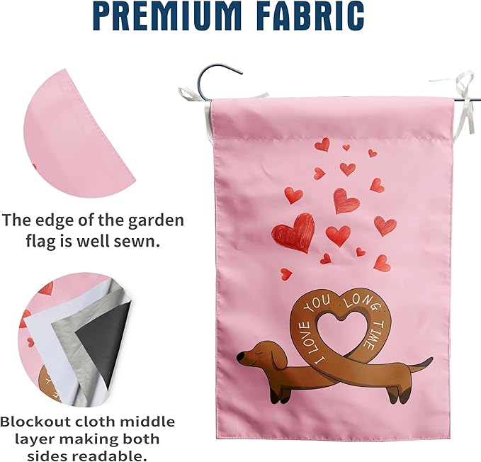 Dachshund Valentine Garden Flag Weiner Dog Valentines Day Yard Decorative for Outside 12x18 Double Sided I Love You Long Time Holiday Anniversary Banner