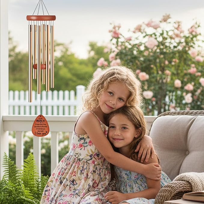 Niece Gifts Wind Chimes - Waterproof Golden Windchimes Decor with Greeting Card Indoor Outdoor Garden Patio Yard Balcony Home Hanging Christmas New Year Birthday Gift for Nieces from Aunt