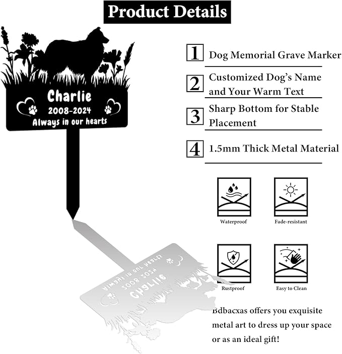 Custom Shetland Sheepdog Dog Memorial Grave Marker,Personalized Pet Dog Memorial Garden Stake,Flora Dog Memorial Plaque Burial Stake Engraved Sign,Dog Sympathy Grave Stake,Dog Statue Headstone