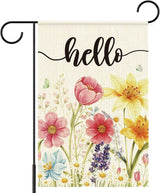 Spring Flowers Garden Flag for Outside,Hello Spring Garden Flag Yard Lawn Porch Flags for Outdoor Decorations 12x18 Inch Double Sided