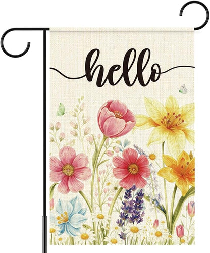 Spring Flowers Garden Flag for Outside,Hello Spring Garden Flag Yard Lawn Porch Flags for Outdoor Decorations 12x18 Inch Double Sided