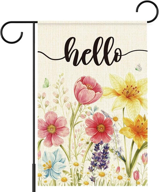 Spring Flowers Garden Flag for Outside,Hello Spring Garden Flag Yard Lawn Porch Flags for Outdoor Decorations 12x18 Inch Double Sided