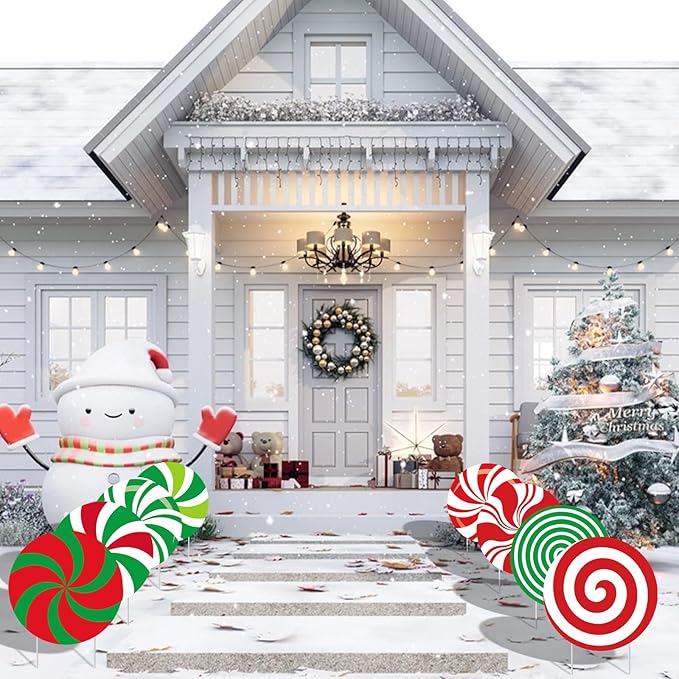 8-Piece Christmas Candy Yard Signs with Stakes Decorations – 8 Assorted Peppermint and Lollipop Designs 12.6 x 12.6 Inches Large Round Candy Signs for Outdoor Garden and Lawn Holiday Party Favor