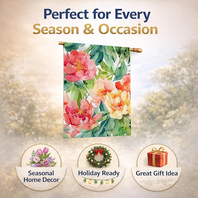 Caroline's Treasures Indiana Peonies in Watercolor House Flag Large Porch Sleeve Pole Decorative Outside Yard Banner Artwork Wall Hanging, Polyester, House Size, Multicolor