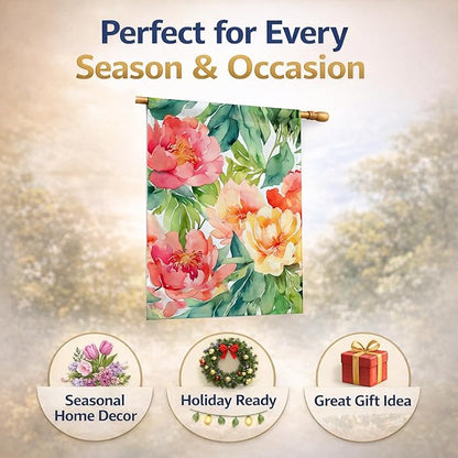 Caroline's Treasures Indiana Peonies in Watercolor House Flag Large Porch Sleeve Pole Decorative Outside Yard Banner Artwork Wall Hanging, Polyester, House Size, Multicolor
