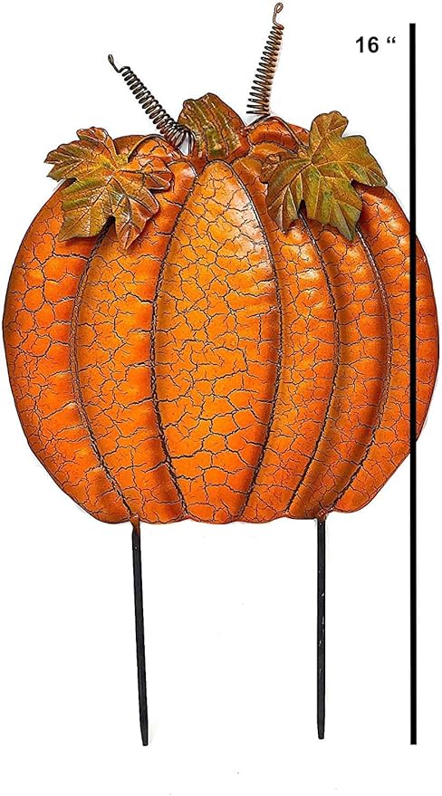 STC S/2 Garden Stakes Thanksgiving Fall Harvest Halloween Outdoor Metal Decor Orange Pumpkins #762 (16" & 15" H)