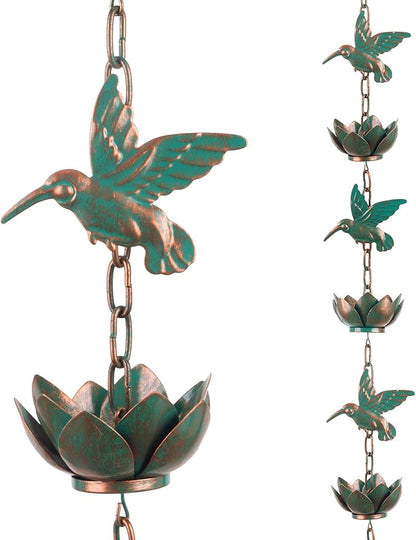 shumi 8.8ft Rain Chain for Gutters Downspouts Outside, 11 Hummingbird Cups with 12 Copper Lotus Rain Chain Cups,Functional and Decorative Replacement for Gutter Downspouts