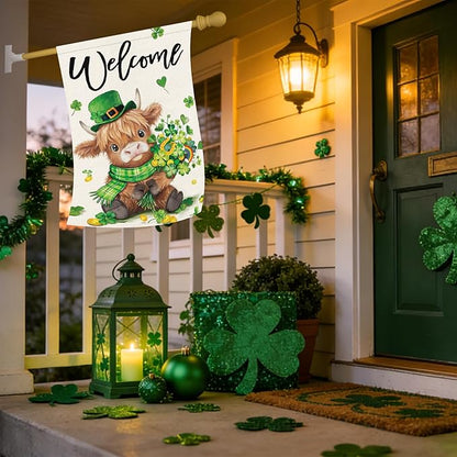 Heyfibro Welcome St. Patrick's Day Garden Flag 28x40 Double Sided Burlap, Highland Cow with Shamrock Bouquet & Green Plaid Scarf Yard Flag for Spring Seasonal Irish Farmhouse Outdoor Decor(ONLY FLAG)