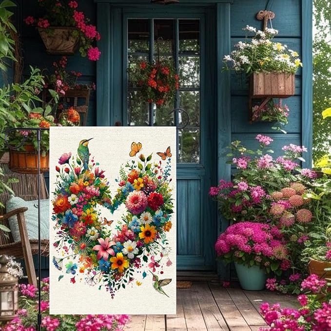 Colorful Floral Love Hearts Garden Flag 12x18 Inch Double Sided Small Burlap Birds Flowers Butterflies Outdoor Decorations Spring Summer Garden Flags Patio Yard Outside Decor