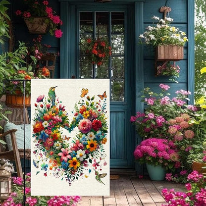 Colorful Floral Love Hearts Garden Flag 12x18 Inch Double Sided Small Burlap Birds Flowers Butterflies Outdoor Decorations Spring Summer Garden Flags Patio Yard Outside Decor