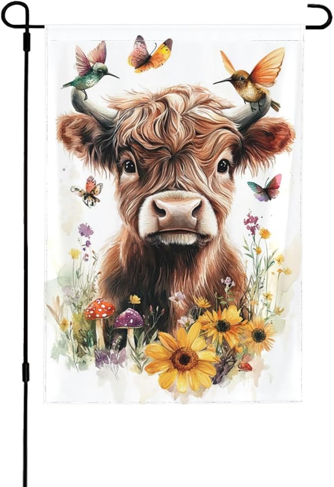 Floral Highland Cow Garden Flags 12×18 Inch Mushrooms Hummingbirds Butterfly Double Sided Decorative Yard Banner Seasonal Flag for Outdoor Outside Decor