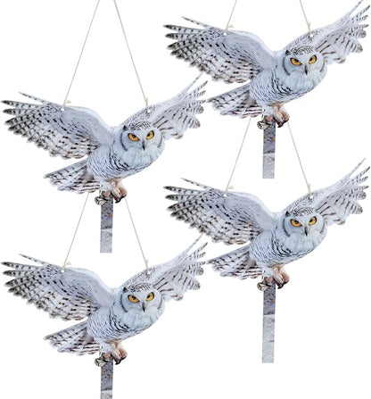 4Pack Plastic Owl Fake Owls, Reflective Owl Hanging Decoration, Barn Swallow Deterrent Dual-Side Printed Raster Fake Hawk for Garden Patio Windows