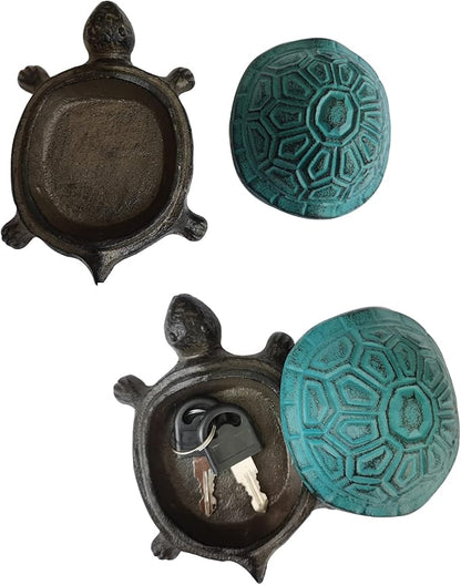 BSTGIFTS Cast Iron Turtle Key Hider - Spare Key Holder & Garden Decoration - Trinkets Box for Jewelry, Ear Studs, Ring & Paper Clips (Antique Blue)