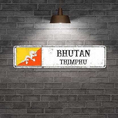 Personalized Bhutan Street Sign Bhutan Flag Signs Capital City of Bhutan Metal Sign Road Rustic Wall Art Country City Indoor & Outdoor Decor for Home Man Cave Door Porch Garden Party 12x3inch
