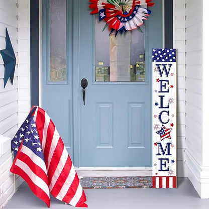 Patriotic 4th of July Welcome Sign for Front Porch, 250th Anniversary Memorial Day Wooden Porch Sign For Outdoor Patio, USA American Flag Standing Yard Sign Summer Door Signs for Garden Wall