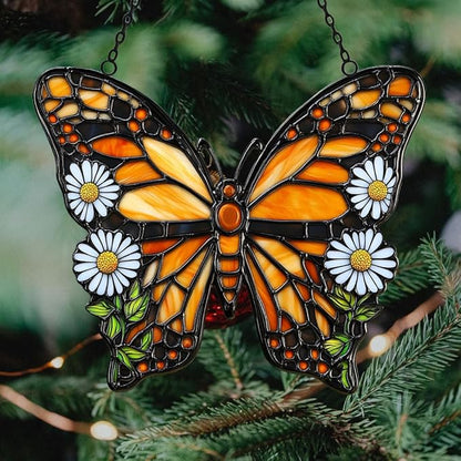 Vivid Tiffany Butterfly Floral Acrylic Suncatcher Stained Glass Effect Window Car Hanging Christmas Ornament Indoor Outdoor Decor Garden Sun Catcher Panel for Butterfly Lover for Women Mom Grandma