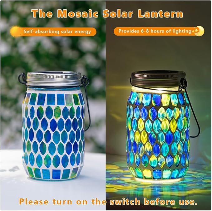 Starsoul Solar Lanterns Outdoor Waterproof, Decorative Teal Mosaic Glass Outdoor Lantern, Hanging Solar Garden Lights for Outside Pathway Patio Porch Yard Table, Gifts for Women Mom Grandma