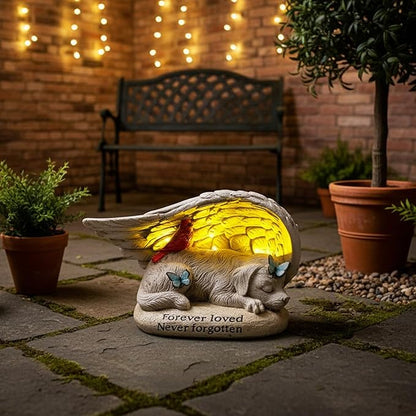 Dog Memorial Stone with Solar Lights Angel Wings Cardinal Butterfly 8 Inch, Pet Grave Markers Sleeping Statue Pet Loss Sympathy Gift Waterproof Resin for Outdoor Cemetery Garden Decor