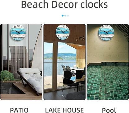 CHYLIN Wall Clock - Beach Themed Blue Wall Clocks Battery Operated Silent Non-Ticking, Coastal Nautical Clock Decorative for Home Kitchen Living Room Office Bathroom Bedroom(10 Inch)