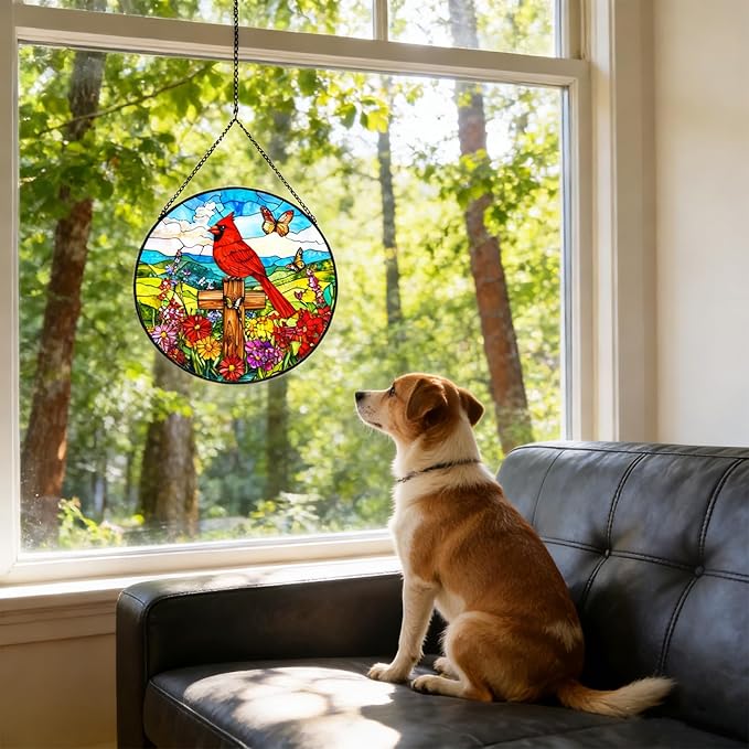 Cross Flower Suncatcher Stained Glass Window Hanging, Christian Wildflower Sunset Landscape Sun Catchers Indoor Window Glass Round Wall Decor, Religious Wall Art Hanging Decorations Statues