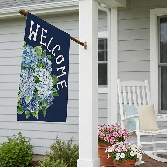 CROWNED BEAUTY Spring House Flag Hydrangea Welcome Double Sided 28x40 Inches Large Burlap Welcome Holiday Seasonal Yard Decoration for Outside Porch