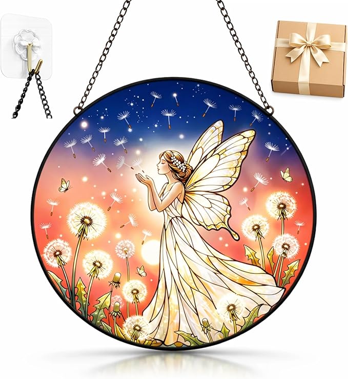 Dandelion Fairy Suncatcher Window Hanging, 7.8" Stained Glass Decor, Whimsical Gift for Family, Friends and Loved Ones, Dreamy Home Decor for Window, Wall, Living Room and Sunroom