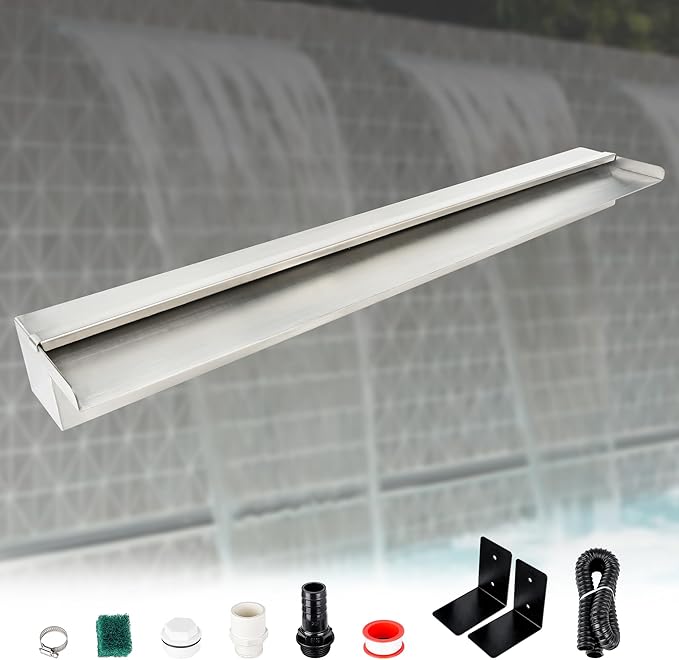36 Inch Pool Fountain 304 Stainless Steel Waterfall Spillway with Pipe Connector Kits, Wider Water Flow Sheer Descent Platform Water Feature Fountain for Swimming Pool, Outdoor Garden Decor