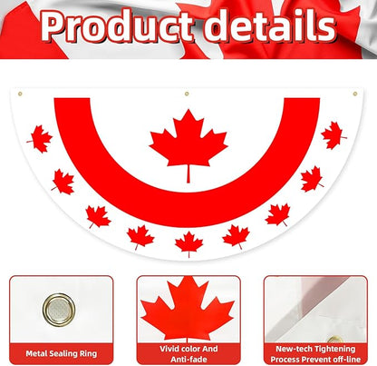 6 x 3 FT Flat Canada Flag Bunting – No-Pleat Half Circle Maple Leaf Banner with Grommets, Red White Patriotic Fan Flag for Outdoor Porch, Fence, Wall, Window, July 1st Canada Day Decorations