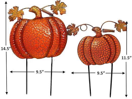 Garden Stakes Thanksgiving Fall Harvest Halloween Outdoor Metal Decor Orange Pumpkins 143&122 (Set of 2) 14.5"&11.5"