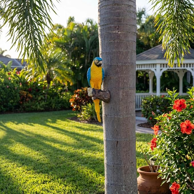Tropical Parrot Statues Hanging Decor,13.6''(H) Wall Decor Parrot Sculpture for Home Porch Patio Door,Resin Macaw Statue Outdoor Garden Yard Tree Art Ornaments(Blue-and-Yellow)