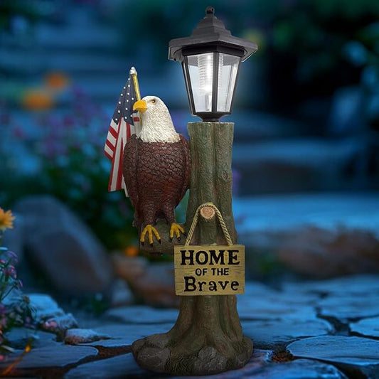 14x6 Inch Eagle Outdoor Solar Statue, Resin Garden Decor Outdoor Waterproof, Eagle Statue with American Flag for Patios, Yards, Home of The Brave Yard Lawn Gift for Mom Dad Grandpa