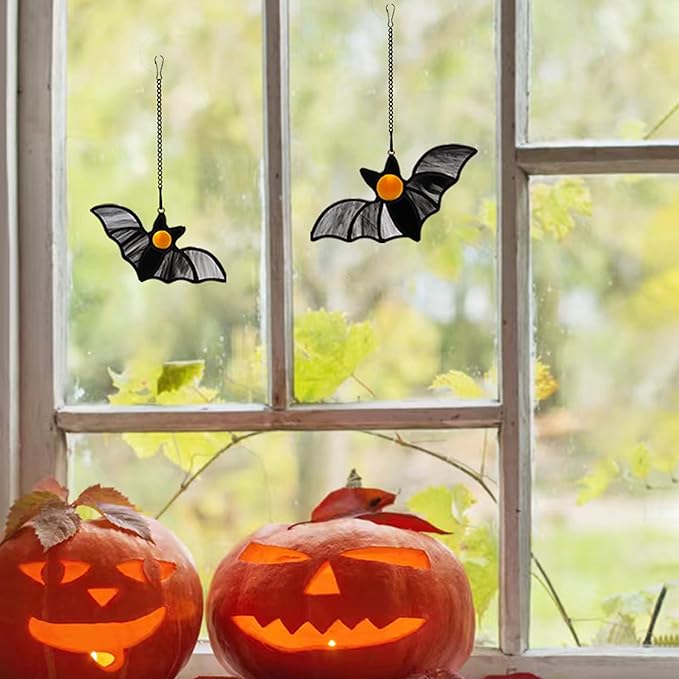 Bat Decor Stained Glass Window Hanging -Double Halloween Bats Suncatcher for Window Gothic Decor Black Bats. (Black A)…