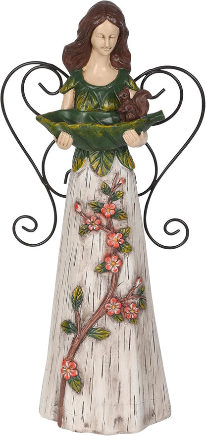 Alpine Corporation WQA1554 Floral Woodland Angel Holding Leaf Statue, Sentimental Home Décor for Patio & Garden, 12"H