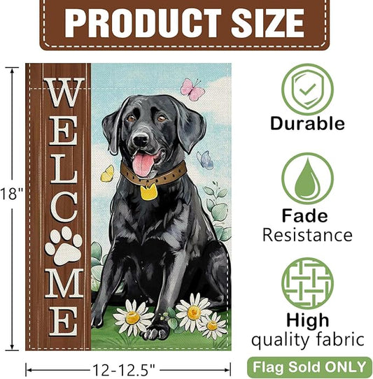 Dyrenson Welcome Black Labrador Dog Decorative Garden Flag, Paw Print Yard Outside Home Decorations Pet Lover Gifts, Spring Summer Burlap Outdoor Small Decor Double Sided 12 x 18