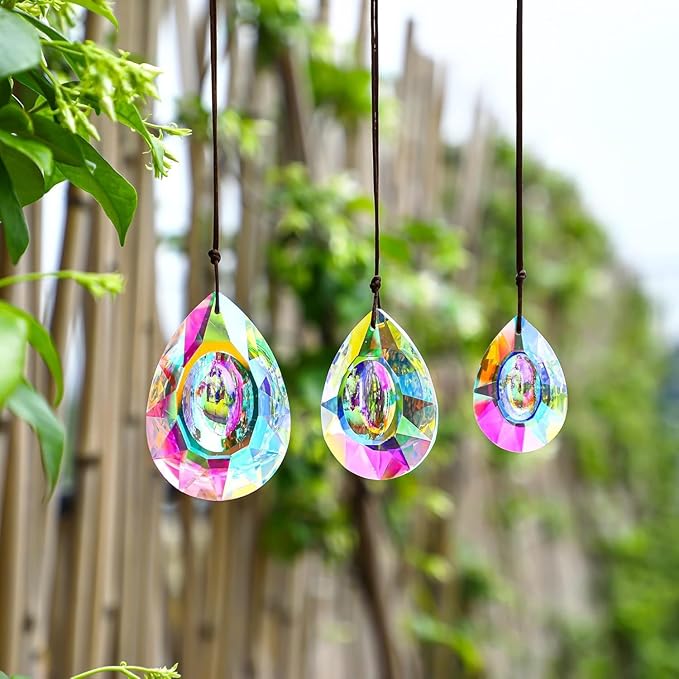 Window Hanging Crystal Prisms Sun Catcher AB Coating Rainbow Maker Glass Prisms Hanging Suncatcher Pendant for Home Garden Decor,76mm/63mm/50mm Chandelier Prism Parts, Pack of 3
