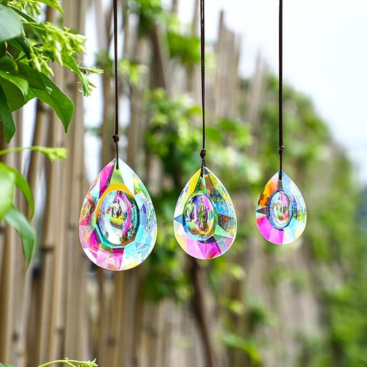 Window Hanging Crystal Prisms Sun Catcher AB Coating Rainbow Maker Glass Prisms Hanging Suncatcher Pendant for Home Garden Decor,76mm/63mm/50mm Chandelier Prism Parts, Pack of 3