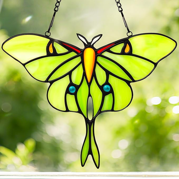 Luna Moth Sun Catcher Stained Glass Window Hanging for Mother's Day, IDEA SHOW 7.3Inch Handmade Real Glass Suncatcher Ornaments, Elegant Green Butterfly Memorial Gifts for Women, Mom, Grandma