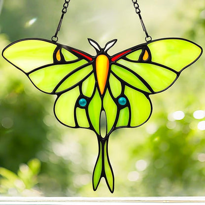 Luna Moth Sun Catcher Stained Glass Window Hanging for Mother's Day, IDEA SHOW 7.3Inch Handmade Real Glass Suncatcher Ornaments, Elegant Green Butterfly Memorial Gifts for Women, Mom, Grandma