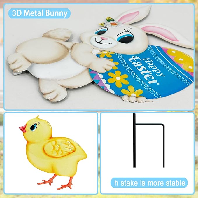 Easter Decorations Outdoor,4 Pack Metal Egg Bunny Yard Signs for Outside,Cute Easter Chick Decorations Garden Stakes for Lawn,Yard,Rabbit Gifts for Women